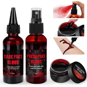 3pcs Halloween Fake Blood Kit و 2.03 أوقية رذاذ دم مزيف و 2 أوقية أوقية مقطعة الدم ودم 1.06 أوقية تخثر الدم ، وماكياج الدم المزيف الواقعي لزومبي مصاصي الدماء وحش وملابس ولباس