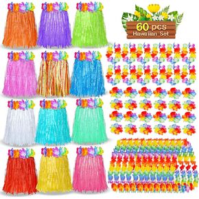 60 PCS Hawaiian Luau Hula Jains Decorations ، Hawaiian Grass Varts Leis Stelaces Bracelets for Tropical Beach Holiday Dance Tropical Dance Dance