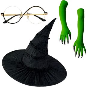 4 pcs Witch Cosplay Glasses, Witch Hat, and Witch Gloves Accessories for Halloween Movie Cosplay Props，Suitable for Fan Girl Role-playing Party