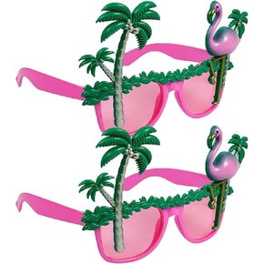 2Pcs Tropical Flamingo Novelty Sunglasses, Coconut Tree Eyeglasses, Pink Party Glasses with Palm Trees, Hawaiian Luau Costume Accessories for Luau Party, Dancing, Beach Events
