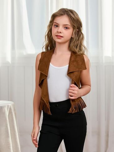 Soly Hux Girl's Cute Olcyless Fringe Suede Sets Western Western Cardigan Strendy Fall Wear Outerwear in Saudi Arabia