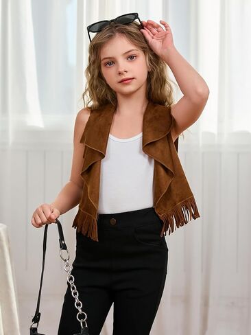 Soly Hux Girl's Cute Olcyless Fringe Suede Sets Western Western Cardigan Strendy Fall Wear Outerwear in Saudi Arabia