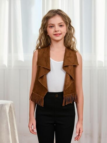 Soly Hux Girl's Cute Olcyless Fringe Suede Sets Western Western Cardigan Strendy Fall Wear Outerwear in Saudi Arabia