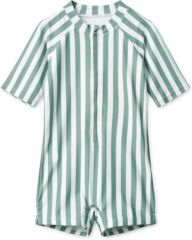 Girls One Piece Swimsuit Zipper Long Sleeve Rash Guard Green Striped Sunsuit Seersucker Bathing Suit with Ruffle Butt in Saudi Arabia