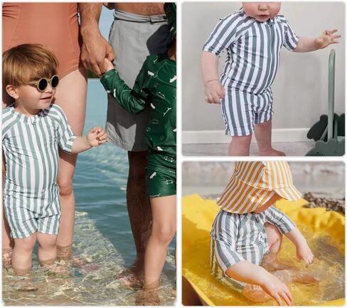 Girls One Piece Swimsuit Zipper Long Sleeve Rash Guard Green Striped Sunsuit Seersucker Bathing Suit with Ruffle Butt in Saudi Arabia