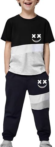 Size 6-12 Years Boys Summer/Spring Outfits Set Short Sleeve T-Shirt & Pants Color Block Clothing Sets in Kuwait