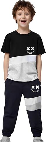 Size 6-12 Years Boys Summer/Spring Outfits Set Short Sleeve T-Shirt & Pants Color Block Clothing Sets in Kuwait