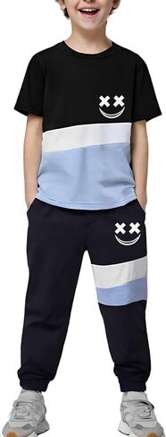 Size 6-12 Years Boys Summer/Spring Outfits Set Short Sleeve T-Shirt & Pants Color Block Clothing Sets in Kuwait