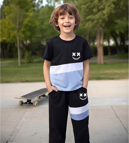 Size 6-12 Years Boys Summer/Spring Outfits Set Short Sleeve T-Shirt & Pants Color Block Clothing Sets in Kuwait