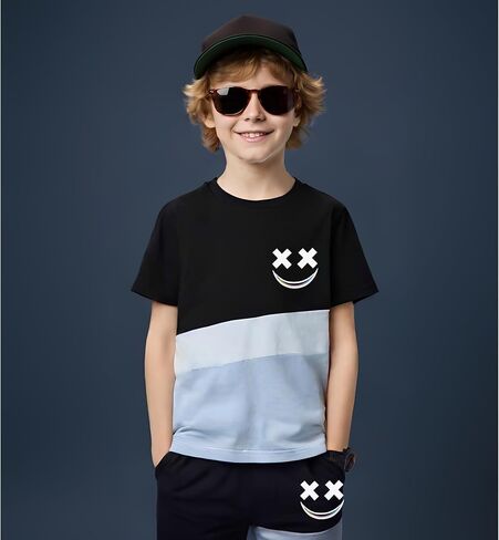 Size 6-12 Years Boys Summer/Spring Outfits Set Short Sleeve T-Shirt & Pants Color Block Clothing Sets in Kuwait