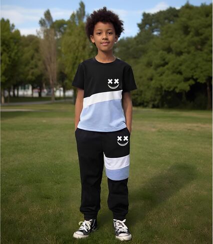 Size 6-12 Years Boys Summer/Spring Outfits Set Short Sleeve T-Shirt & Pants Color Block Clothing Sets in Kuwait