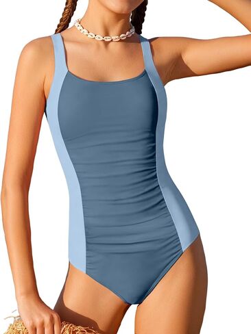 Girl Swimsuit One Piece Bathing Suit for Girls Solid Color Ruched Adjustable Straps Padded Swimwear 9-16y in Saudi Arabia