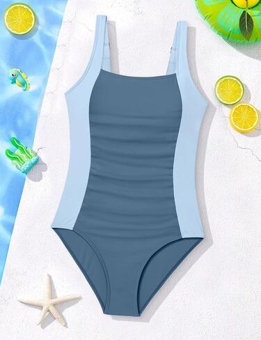 Girl Swimsuit One Piece Bathing Suit for Girls Solid Color Ruched Adjustable Straps Padded Swimwear 9-16y in Saudi Arabia
