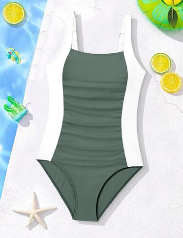 Girl Swimsuit One Piece Bathing Suit for Girls Solid Color Ruched Adjustable Straps Padded Swimwear 9-16y in Saudi Arabia