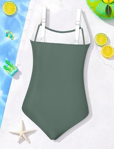 Girl Swimsuit One Piece Bathing Suit for Girls Solid Color Ruched Adjustable Straps Padded Swimwear 9-16y in Saudi Arabia