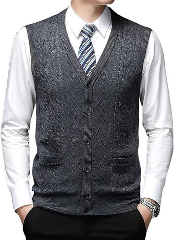 ebossy Men's Wool Blend Knit Cardigans V Neck Button Down Sleeveless Sweater Vest Knitwear in Saudi Arabia