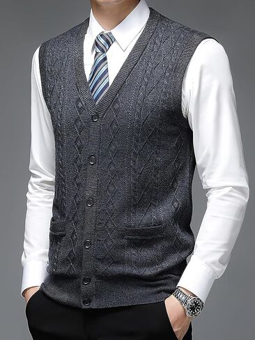 ebossy Men's Wool Blend Knit Cardigans V Neck Button Down Sleeveless Sweater Vest Knitwear in Saudi Arabia