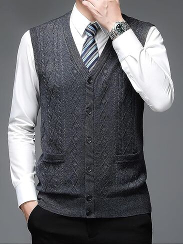 ebossy Men's Wool Blend Knit Cardigans V Neck Button Down Sleeveless Sweater Vest Knitwear in Saudi Arabia