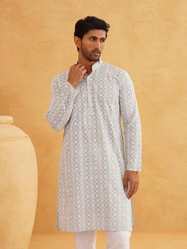 Sojanya (Since 1958 Men'S Ethnic Motifs Embroidered Regular Thread Work Cotton Long Kurta in Saudi Arabia
