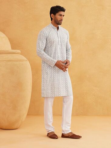 Sojanya (Since 1958 Men'S Ethnic Motifs Embroidered Regular Thread Work Cotton Long Kurta in Saudi Arabia