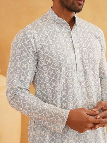 Sojanya (Since 1958 Men'S Ethnic Motifs Embroidered Regular Thread Work Cotton Long Kurta in Saudi Arabia