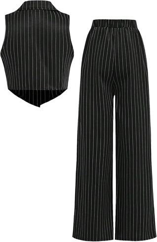 Floerns Girl's 2 Piece Outfits Elegant Striped Sleeveless Suit Vest & Long Elastic Casual Pants Set in Saudi Arabia