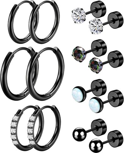 Surgical Steel Stud Earrings for Women, Hypoallergenic Flat Back Earrings for Sensitive Ears, Small Cartilage Huggie Hoop Earrings Ball CZ Opal Screw Back Stud Earrings for Women Men in Saudi Arabia