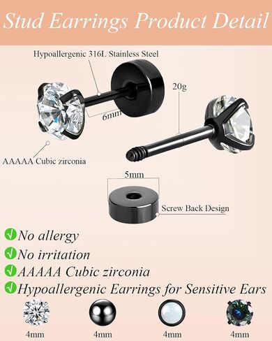Surgical Steel Stud Earrings for Women, Hypoallergenic Flat Back Earrings for Sensitive Ears, Small Cartilage Huggie Hoop Earrings Ball CZ Opal Screw Back Stud Earrings for Women Men in Saudi Arabia