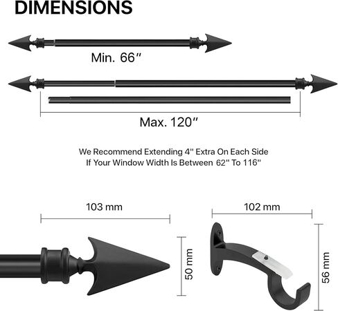 2 Pack Grey Arrow Curtain Rods - 36 to 66 Inch for Windows & Doors Adjustable Long Drapery Rods with Arrow Finials & Brackets Set, 3/4 Inch by Deco Essential in Kuwait