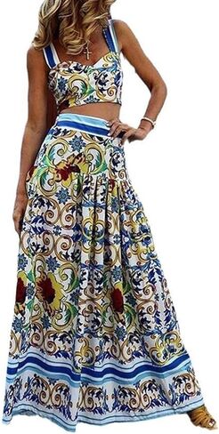 ksotutm 2 Piece Skirt Sets for Women Animal Printed Halter Top High Waist Maxi Skirt Women's Fashion Vacation Outfits in Saudi Arabia