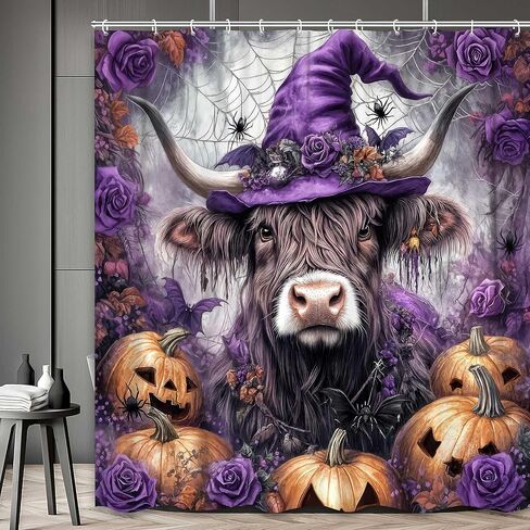 nymb هالوين ستارة الدش، الخفافيش مع اليقطين لخريف دش الستار، نسيج البوليستر للماء ستائر الدش هالوين للحمام، 69x70 في، وشملت ستائر الدش السنانير، أسود in Kuwait