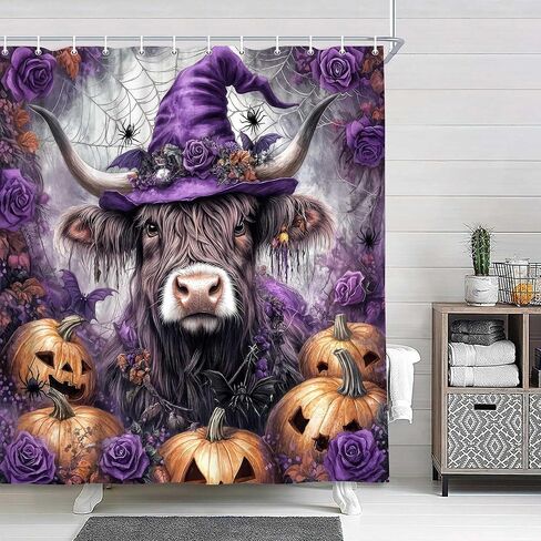 nymb هالوين ستارة الدش، الخفافيش مع اليقطين لخريف دش الستار، نسيج البوليستر للماء ستائر الدش هالوين للحمام، 69x70 في، وشملت ستائر الدش السنانير، أسود in Kuwait