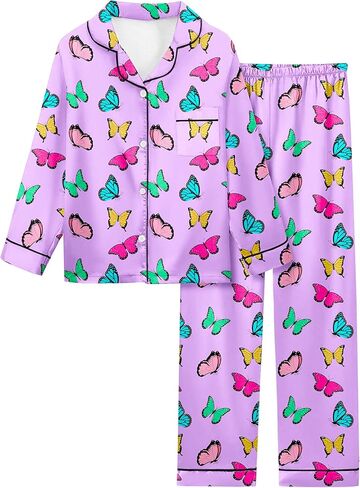 سيلفيري بيجامة من الساتان للفتيات ملابس نوم حريرية بأزرار سفلية ملابس نوم يونيكورن ملابس نوم PJS مجموعة هدايا للأطفال in Kuwait