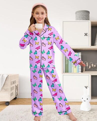 سيلفيري بيجامة من الساتان للفتيات ملابس نوم حريرية بأزرار سفلية ملابس نوم يونيكورن ملابس نوم PJS مجموعة هدايا للأطفال in Kuwait