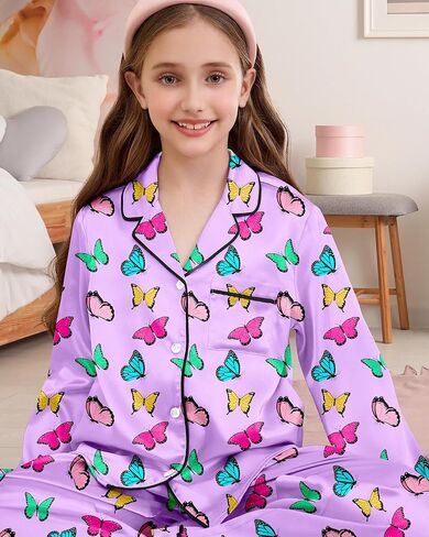 سيلفيري بيجامة من الساتان للفتيات ملابس نوم حريرية بأزرار سفلية ملابس نوم يونيكورن ملابس نوم PJS مجموعة هدايا للأطفال in Kuwait
