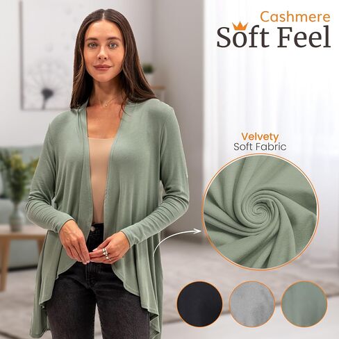 Happyluxe Lightweight Cardigan Sweaters for Women - Eco Cashmere Cardigan with Pockets. Long, Open Front - Made in USA in Saudi Arabia