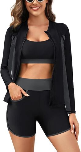 Women 3 Piece Rash Guard - Long Sleeve Swimsuit Built in Bra Swim Shirt Zip Bathing Suit with Pocket Shorts in Saudi Arabia