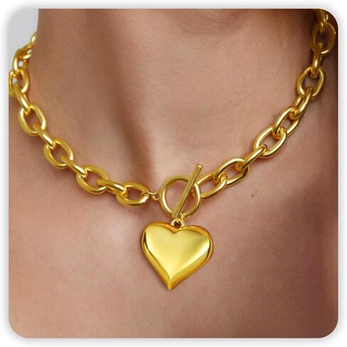 Chunky Heart Necklace, Heart Necklace Gold Chunky Necklaces for Women with Toggle Clasp, Puffy Heart Pendant 14k Gold Statement Charm Choker Collar Thick Chain Jewelry Birthday Summer Gifts in Saudi Arabia