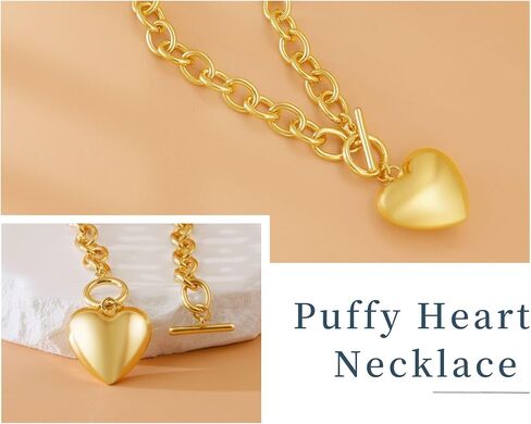 Chunky Heart Necklace, Heart Necklace Gold Chunky Necklaces for Women with Toggle Clasp, Puffy Heart Pendant 14k Gold Statement Charm Choker Collar Thick Chain Jewelry Birthday Summer Gifts in Saudi Arabia
