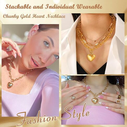 Chunky Heart Necklace, Heart Necklace Gold Chunky Necklaces for Women with Toggle Clasp, Puffy Heart Pendant 14k Gold Statement Charm Choker Collar Thick Chain Jewelry Birthday Summer Gifts in Saudi Arabia