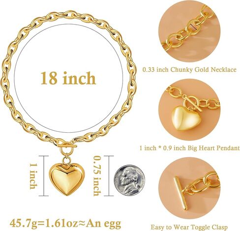 Chunky Heart Necklace, Heart Necklace Gold Chunky Necklaces for Women with Toggle Clasp, Puffy Heart Pendant 14k Gold Statement Charm Choker Collar Thick Chain Jewelry Birthday Summer Gifts in Saudi Arabia