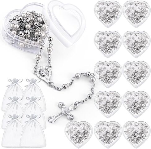 قلادة رويس كاثوليكية المسبحة الكاثوليكية 4 مم من الخرز الزجاجي مسببة الصلب صلاة مع لؤلؤة فو مع صندوق على شكل قلب وحقيبة أورجانزا لمعمودية الشركة الأولى in Kuwait