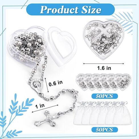 ROCEEI Catholic Rosary Necklace 4 mm Glass Beads Rosary Favors Crucifix Prayer with Faux Pearl with Heart Shaped Box and Organza Bag for First Communion Baptism in Saudi Arabia