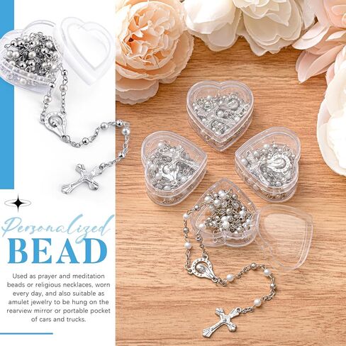ROCEEI Catholic Rosary Necklace 4 mm Glass Beads Rosary Favors Crucifix Prayer with Faux Pearl with Heart Shaped Box and Organza Bag for First Communion Baptism in Saudi Arabia