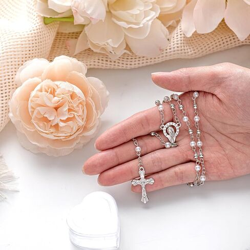 ROCEEI Catholic Rosary Necklace 4 mm Glass Beads Rosary Favors Crucifix Prayer with Faux Pearl with Heart Shaped Box and Organza Bag for First Communion Baptism in Saudi Arabia