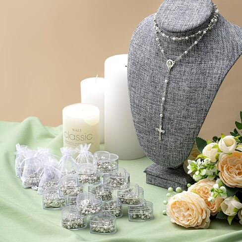 ROCEEI Catholic Rosary Necklace 4 mm Glass Beads Rosary Favors Crucifix Prayer with Faux Pearl with Heart Shaped Box and Organza Bag for First Communion Baptism in Saudi Arabia