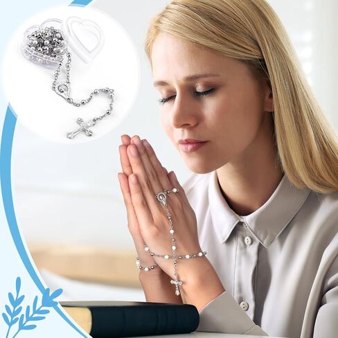 ROCEEI Catholic Rosary Necklace 4 mm Glass Beads Rosary Favors Crucifix Prayer with Faux Pearl with Heart Shaped Box and Organza Bag for First Communion Baptism in Saudi Arabia