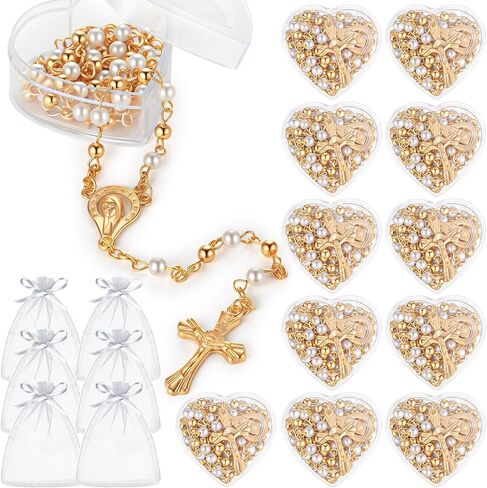 ROCEEI Catholic Rosary Necklace 4 mm Glass Beads Rosary Favors Crucifix Prayer with Faux Pearl with Heart Shaped Box and Organza Bag for First Communion Baptism in Saudi Arabia
