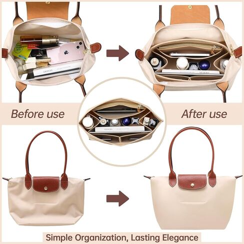 OPPOSHE Purse Organizer Insert for Longchamp Le Pliage, Premium Felt Long Champ Bag Handbag Women, Tote Organizer Insert with 9 Compartments (Large, Beige) in Kuwait