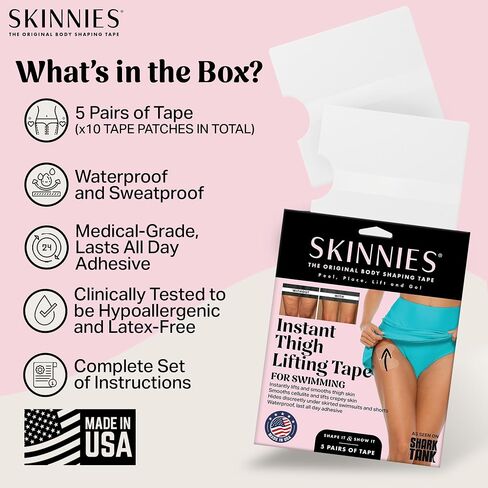 Skinnies Instant Swimmers Thigh Lift Tape - Patented & Made in USA - Waterproof, Clear Adhesive Strips Instantly Lift Loose Skin and Smooth Cellulite - Wear Discretely Under Skirted Swimsuit - 5 Pairs in Saudi Arabia